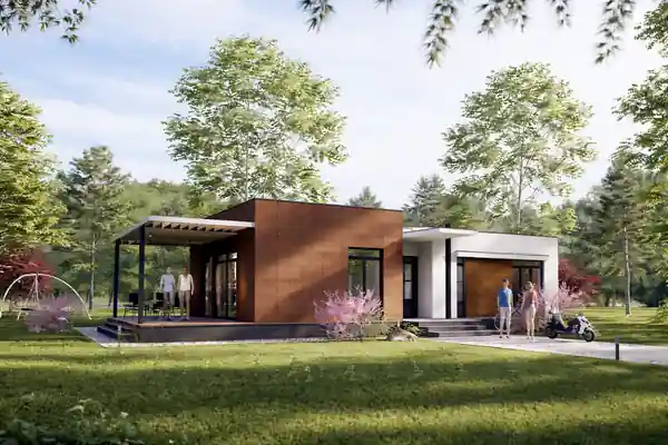 Photorealistic 3D landscape render of a modern backyard with pool and patio lighting.